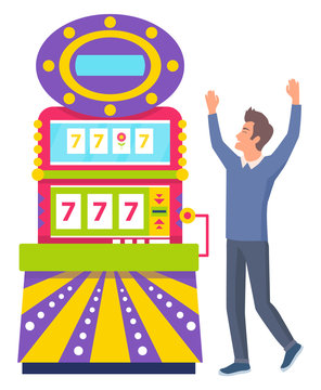 Gambler winning game machine, 777 icons in colorful casino equipment. Smiling man standing near gambling computer, business success, lucky person vector