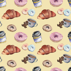 Seamless watercolor pattern with croissant, coffee and donuts on a beige background.