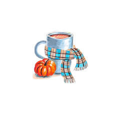 White cup of coffee in a checkered scarf with pumpkin and autumn leaves isolated on white background. Appropriate for T-shirts, greeting cards, cups, covers