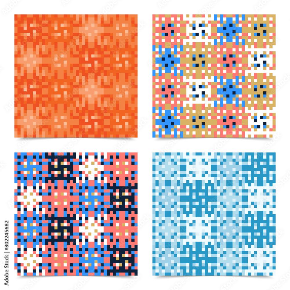 Poster set abstract multicolored pixels squares textured background. seamless vector pattern.