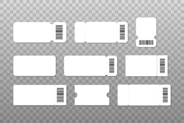 Set of blank ticket mockup template. Realistic White paper coupon isolated on grey background. Vector stock illustration.