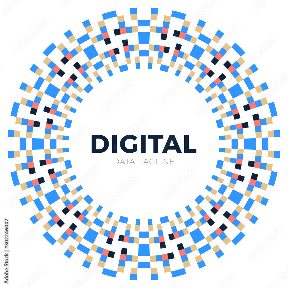Poster digital pixels in circle form. tiny squares in round logo. vector digital frame design element