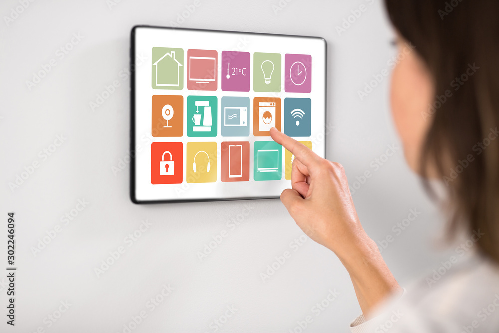 Poster automation, internet of things and technology concept - woman using menu icons on tablet pc computer