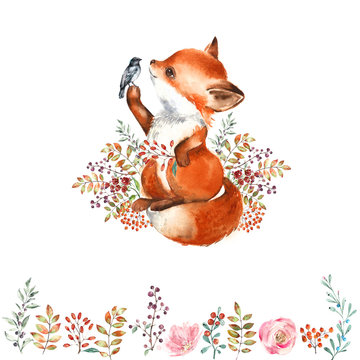 Watercolor illustration of a cute fox and little bird. Border of forest leaves and berries. Autumn composition.
