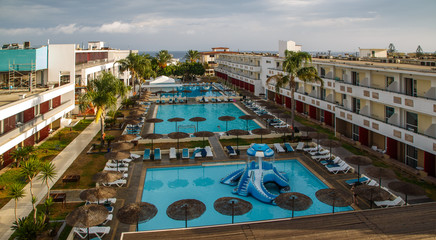 Fototapeta na wymiar view of beautiful modern hotel on shores of the Aegean Sea Rhodes Greece