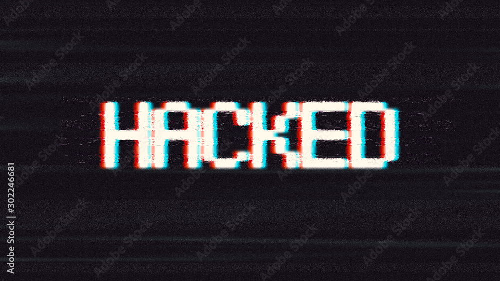 Poster word hacked in abstract pixel noise style over dark background