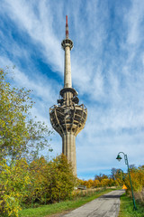 Fruska Gora, Serbia - March 10, 2019: Broken television tower on Fruska Gora in Serbia. Tv tower was demolished by the NATO alliance during the bombing of Serbia.