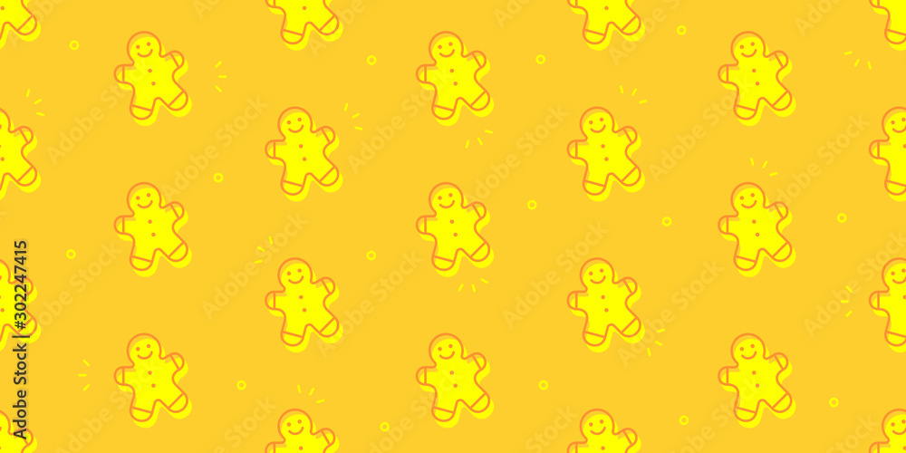 Poster seamless pattern with gingerbread man cookies. isolated on yellow background
