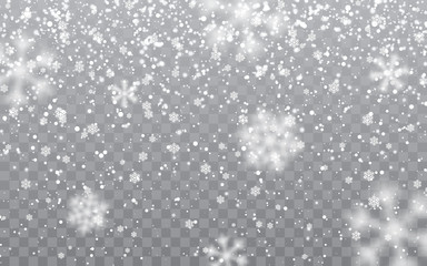 Christmas snow. Falling snowflakes on transparent background. Snowfall. Vector illustration
