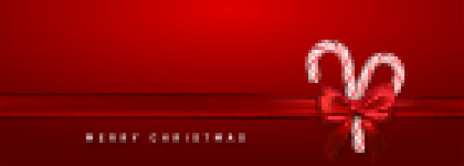 Christmas or New Year greeting card. Realistic candy cane with red bow and ribbon on red background. Vector illustration