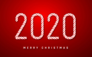 Christmas or New Year greeting card. Candy cane number 2020 on red background. Vector illustration