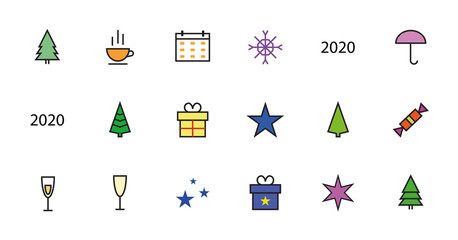 A simple set of New Year and Christmas related vector line icons. Contains icons such as a tree, star, gift, candy, snowflake and much more. Editable stroke. 48x48 Pixel Perfect.