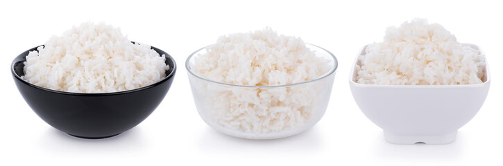 Rice in a bowl on a white background. top view