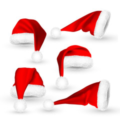 Realistic Red Santa Claus hat isolated on white background. Gradient mesh Santa Claus cap with fur. Vector illustration