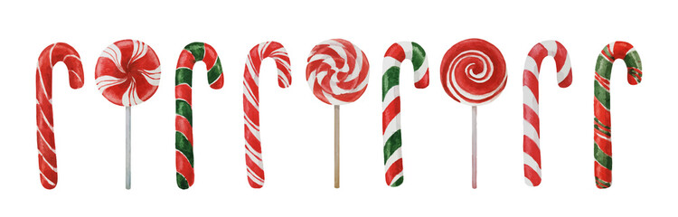 Christmas candy canes and lollipops collection isolated on white, watercolor illustration for winter holidays design