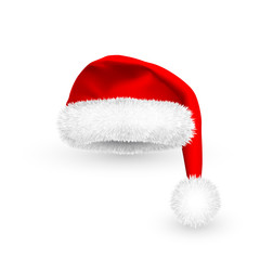 Realistic Red Santa Claus hat isolated on white background. Gradient mesh Santa Claus cap with fur. Vector illustration