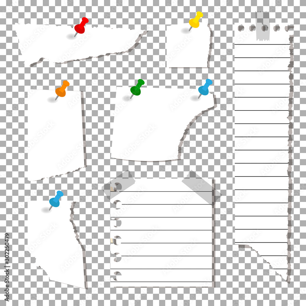 Poster set of torn sheets, piece of paper with push-pins and adhesive tape. flat design of scraps paper for