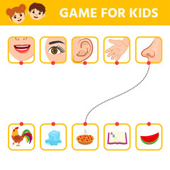 Educational worksheet for kids. Game for Kids to Compare and Connect Objects and Shadows. The picture of senses and objects - touch, taste, hearing, sight, smell