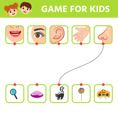 Educational worksheet for kids. Game for Kids to Compare and Connect Objects and Shadows. The picture of senses and objects - touch, taste, hearing, sight, smell