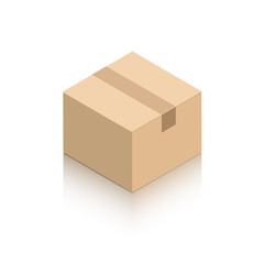 A model of a miniature cardboard box in the version with a closed lid and tape. Object on a white background with a mirror shadow for icons, advertising, website content. Isometric style.
