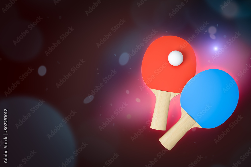Poster 3d rendering of two ping pong rackets and ball on dark neon background