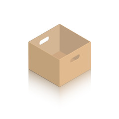 Layout of a miniature open cardboard box and carved handles. Object on a white background with a mirror shadow for icons, advertising, website content. Isometric style.