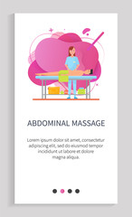 Abdominal massage performed by masseuse vector, lady wearing special uniform caring for client, person on table relaxing in spa salon treatment. Website or app slider template, landing page flat style