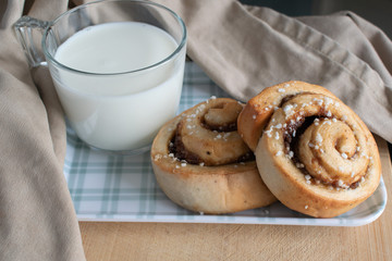 cinnamon rolls with glass of milk on the table