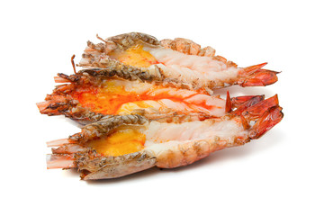Obraz na płótnie Canvas Grilled giant river shrimp or prawn isolated on white background with clipping path, Popular Thai sea food, The shrimp head will be in creamy orangy colour with an extremely good taste.