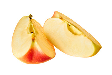 Naklejka na ściany i meble Two pieces of fresh red apple isolated on white background without shadow. Close-up