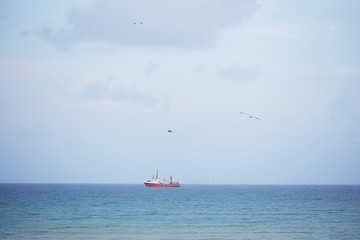 Blue beautiful sea and ship in distance. Bulgaria, Nessebar