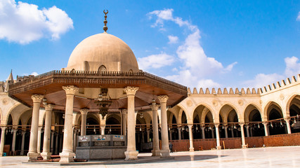 Fototapeta na wymiar Interior view of Amr bin As Mosque, Cairo with beautiful cloud and blue sky