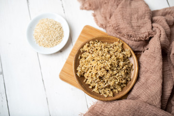 Healthy brown rice and quinoa dinner fully cooked