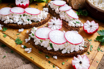 Homemade toast with Cottage Cheese and parsley, radish.