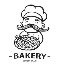 Bakery logo. Hand drawn vector illustration of chef-cooker with a mustache and pie. chef cake logo.