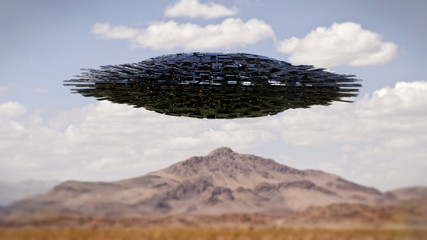 UFO, science fiction scene with alien spaceship, extraterrestrial visitors in flying saucer over landscape  © dottedyeti