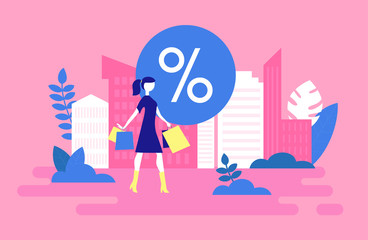 Woman with bags after shopping sale. Vector illustration.
