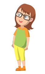 Girl standing alone and smiling. Kid with brown hair and blue eyes. Child stand in green shirt or shirt and yellow pants. Person in glasses isolated on white background. Vector illustration flat style