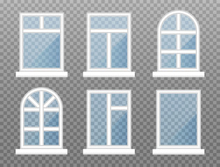 Set of isolated windows. Front store window frame with blue glasses. Exterior building facade element on transparent background. Vector illustration.