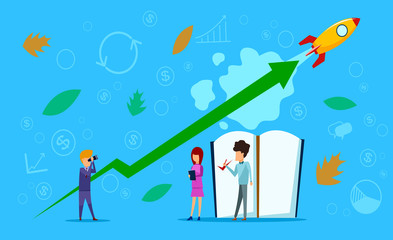 Rocket launching, startup concept. Group of people stand near various charts. Man looks through binoculars at rocket.