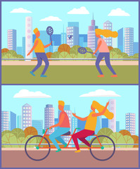 Couple leading active lifestyle vector, man and woman riding bicycle in city park. Playing tennis, boyfriend and girlfriend with rockets and ball in town