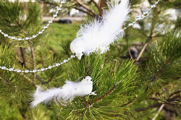 New Year's holidays. Two decorative white birds are sitting on a branch of fresh green spruce.
