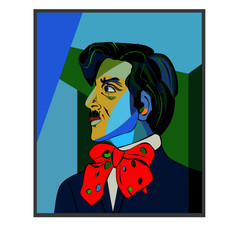 Colorful background,portrait of man with big red bow tie