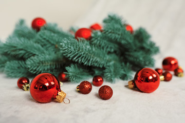 Christmas wreath composition. Christmas red decorations on background. Flat lay. Christmas and happy new year concept for Christmas promotion banner