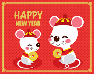 Naklejka premium Cute happy rats holding chinese golden coin celebrating new year sitting on red background