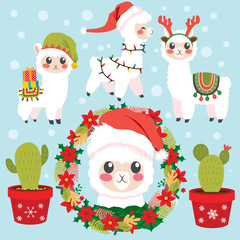 Christmas decor elements collection of different funny alpaca with Santa hat, presents and cactus