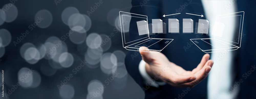 Poster man hand transfer file in screen