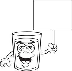 Black and white illustration of a glass of happy milk holding a sign.