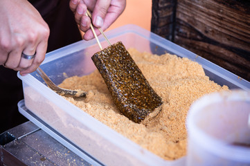 Pork blood cake is a kind of Taiwanese food made from rice and blood. It is usually sold at a food...