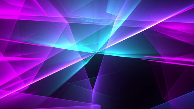 Polygonal dynamic neon light strokes flying randomly on black background. Cool 3D animation with vibrant glowing colors.